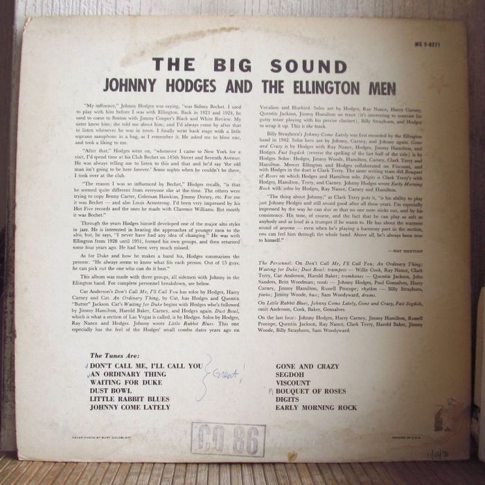 Платівка Джонні Ходжес | Johnny Hodges And The Ellington Men – The Big Sound