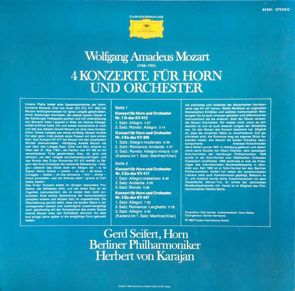 Платівка Wolfgang Amadeus Mozart, Gerd Seifert, Berliner Philharmoniker, Herbert von Karajan – 4 Konzerte Für Horn Und Orchester • Nr.1 D-Dur, Kv 412 • Nr.2 Es-Dur, Kv 417 • Nr.3 Es-Dur, Kv447 • Nr.4 Es-Dur, Kv 495