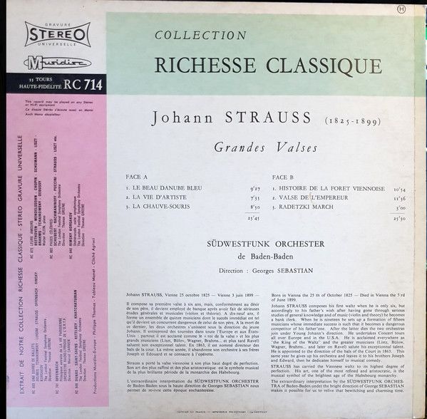 Платівка Johann Strauss - Südwestfunk Orchester De Baden-Baden / Georges Sebastian – Grandes Valses | Жорж Себастьян