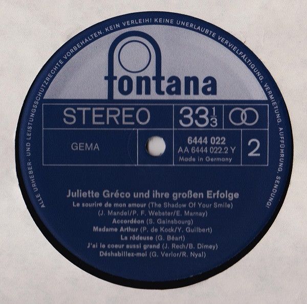 Платівка Juliette Gréco – Juliette Gréco Und Ihre Großen Erfolge | Джульєтта Греко