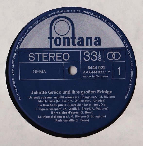 Платівка Juliette Gréco – Juliette Gréco Und Ihre Großen Erfolge | Джульєтта Греко