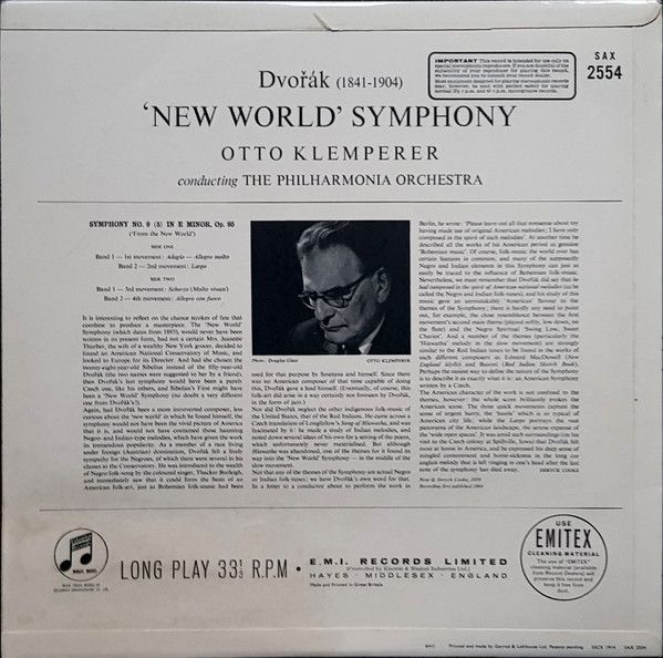 Платівка Dvorak, Klemperer, Philharmonia Orchestra – "New World" Symphony | Філармонічний оркестр – Симфонія «Новий світ»