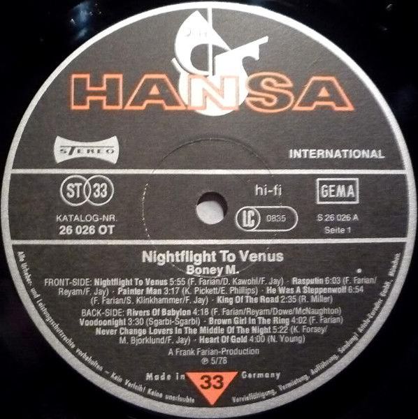 Платівка Boney M. – Nightflight To Venus | Боні М. –Нічний політ на Венеру