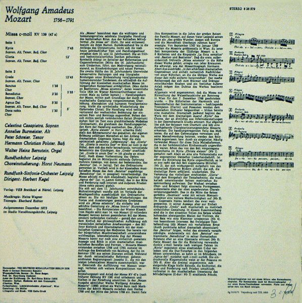 Платівка Mozart – Rundfunk-Sinfonie-Orchester Leipzig, Herbert Kegel – Missa C-Moll, KV 139