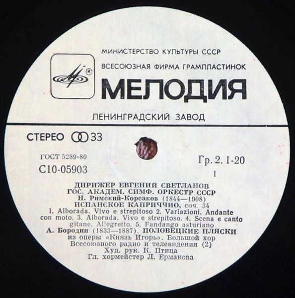 Платівка Rimsky-Korsakov / Borodin / Tchaikovsky , The USSR Symphony Orchestra , Conductor Evgeni Svetlanov – Capriccio Espagnol / Polovetsian Dances / 1812