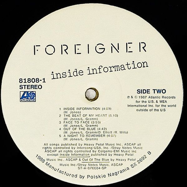 Платівка Foreigner – Inside Information | Іноземець –Внутрішня інформація