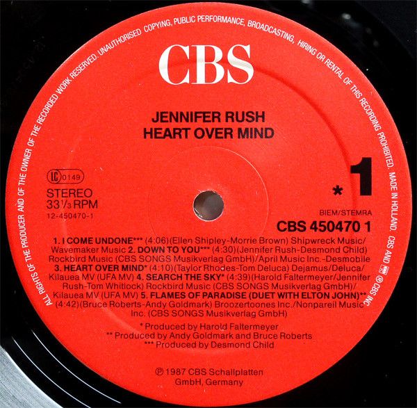 Платівка Jennifer Rush – Heart Over Mind | Дженніфер Раш