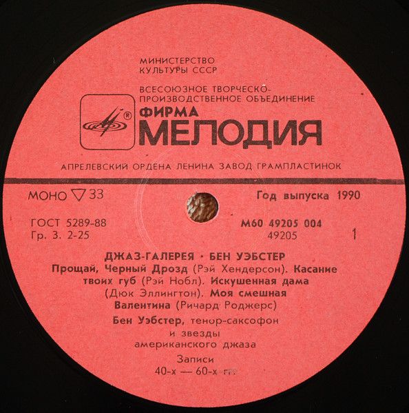 Платівка Бен Вебстер – Джаз-галерея