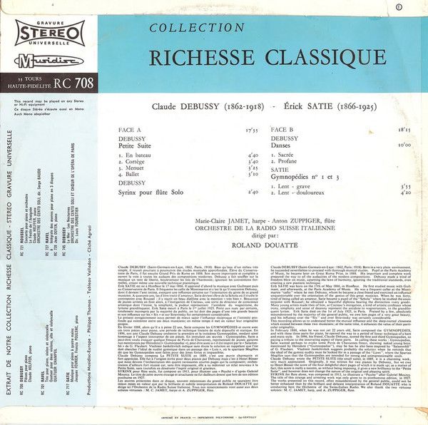 Платівка Debussy / Satie - Marie-Claire Jamet, Anton Zuppiger, Orchestre De La Radio Suisse Italienne, Roland Douatte – La Petite Suite - Syrinx - Danses Profanes Et Sacrees / Les Gymnopedies