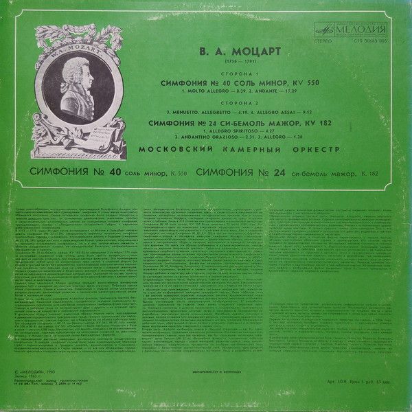 Платівка Wolfgang Amadeus Mozart – Симфонія № 40 Соль Мінор, K.550 / Симфонія № 24 Сі-Бемоль Мажор, K. 182