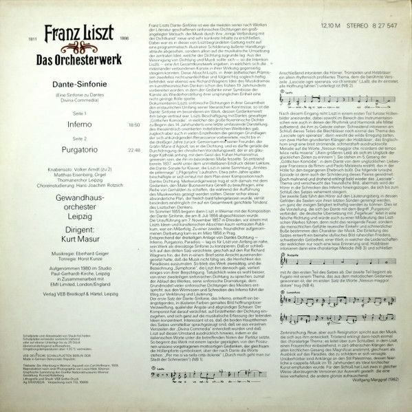 Платівка Franz Liszt, Thomanerchor Leipzig, Gewandhausorchester Leipzig, Kurt Masur – Dante-Sinfonie | Курт Мазур