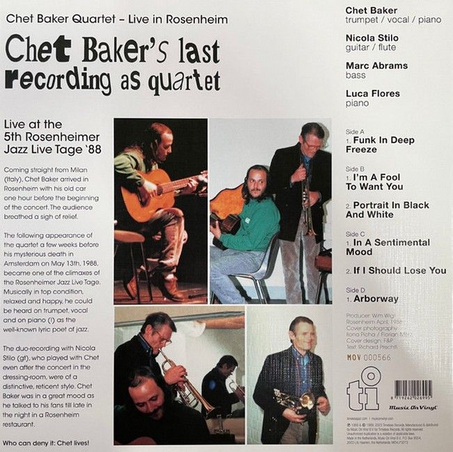 Chet Baker – Chet Baker's Last Recording As Quartet (2LP, Album, Limited Edition, Numbered, Reissue, Stereo, White Vinyl)