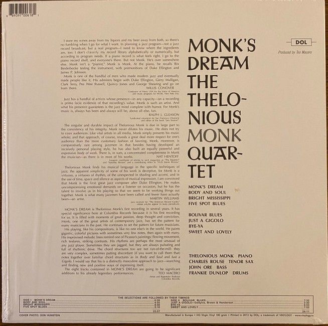 The Thelonious Monk Quartet – Monk's Dream (LP, Album, Reissue, Stereo, Blue Vinyl)