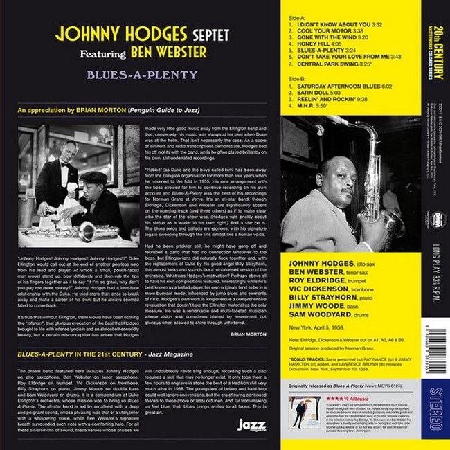Платівка Johnny Hodges Septet Featuring Ben Webster – Blues-A-Plenty|Септет Джонні Ходжеса за участю Бена Вебстера - Blues-A-Plenty