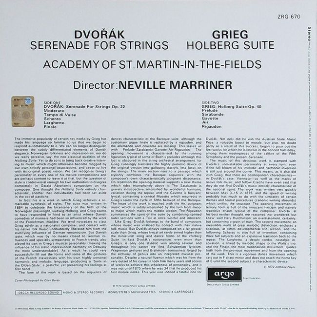 Dvorak, Grieg, Academy Of St. Martin-in-the-Fields, Neville Marriner – Serenade For Strings / Holberg Suite (Vinyl)