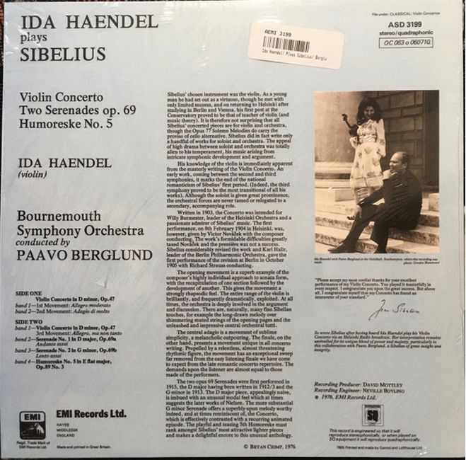 Ida Haendel, Paavo Berglund, Bournemouth Symphony Orchestra – Ida Haendel plays Sibelius (Vinyl)