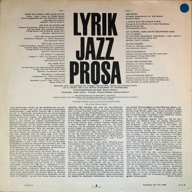 Платівка Various – Lyrik - Jazz - Prosa|Різне – поезія - джаз - проза